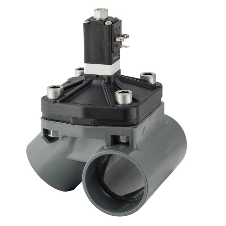 Vanne à membrane avec dérivation à 90° pneumatique 24V, PN 10