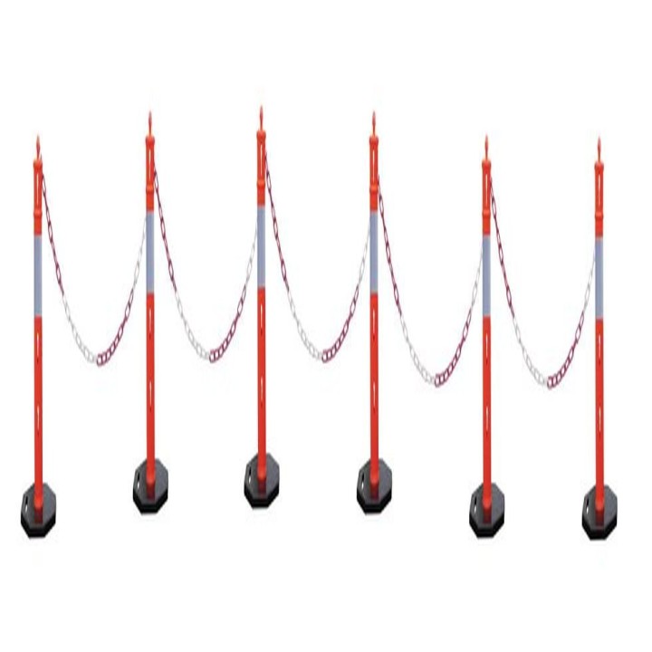 Lot de 6 poteaux Viso PP - réfléchissants classe 2 + 8 attaches + 25 m chaîne plastique blanche-rouge Ø 8mm