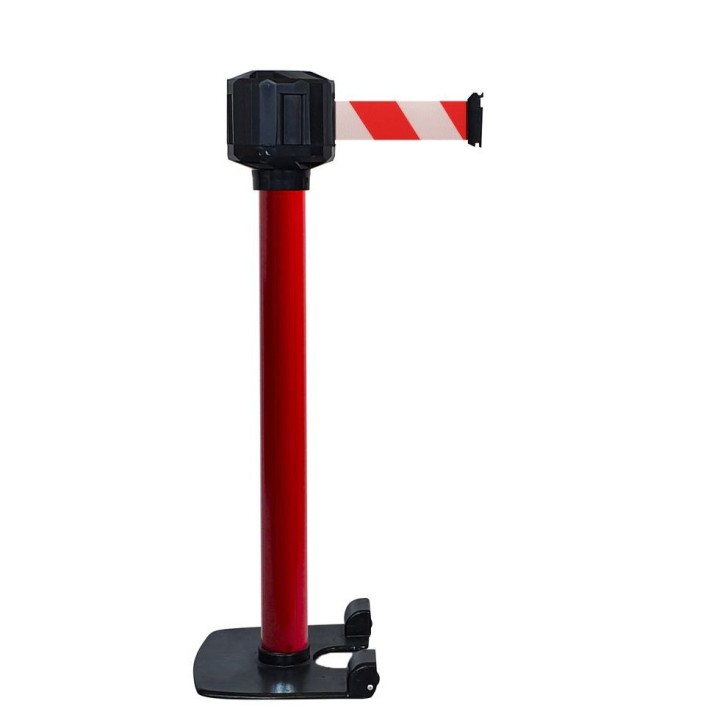 Poteau rouge Viso - boitier étanche sangle rouge-blanche - base lourde à roulettes 10 m x 5 cm