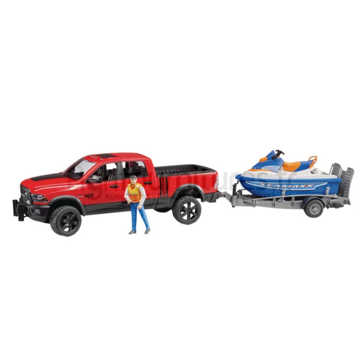 Pickup avec remorque, scooter des mers et conducteur RAM 2500 Power Wagon Bruder
