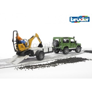 Tout terrain avec remorque à un essieu, un chargeur compact JCB et ouvrier du bâtiment Land Rover Defender Bruder