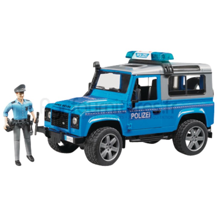 Véhicule de police avec son et lumière et un policier et équipement Land Rover Defender Station Bruder