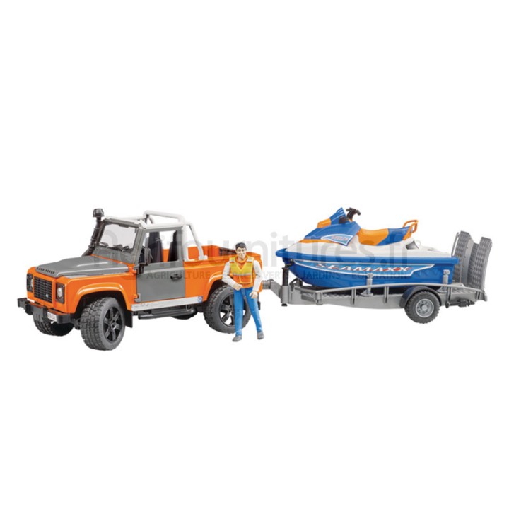 Pickup avec remorque, scooter des mers et conducteur Land Rover Defender Bruder