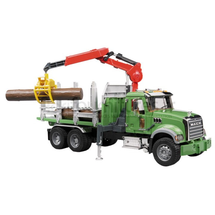 Camion transport de grumes avec grue télescopique, grappin et 3 grumes MACK Granite Bruder