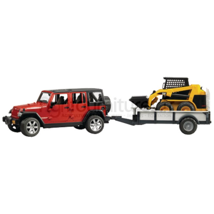 Véhicule tout-terrain avec remorque à un essieu + chargeur compact Cat Jeep Wrangler Unlimited Rubicon Bruder