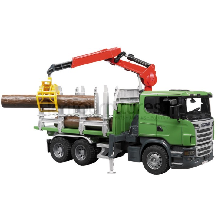 Camion transport de grumes avec grue télescopique, grappin et 3 grumes Scania série R Bruder