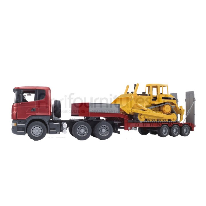 Camion avec remorque plate-forme surbaissée et bulldozer Caterpillar Scania série R Bruder