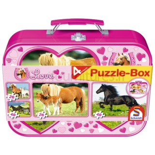 Coffret de puzzles, chevaux, 2 x 26, 2 x 48 pièces, dans un coffret métallique à partir de 3 ans Schmidt