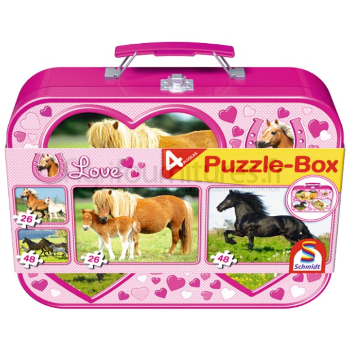 Coffret de puzzles, chevaux, 2 x 26, 2 x 48 pièces, dans un coffret métallique à partir de 3 ans Schmidt