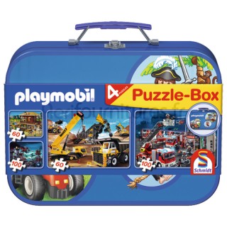 Coffret de puzzles, PLAYMOBIL, 2 x 60, 2 x 100 pièces dans un coffret métallique à partir de 3 ans Schmidt
