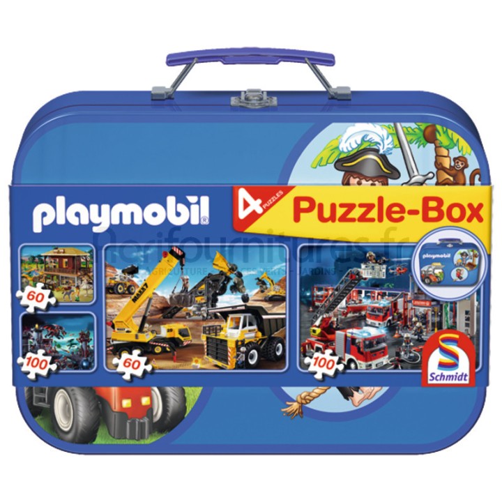 Coffret de puzzles, PLAYMOBIL, 2 x 60, 2 x 100 pièces dans un coffret métallique à partir de 3 ans Schmidt