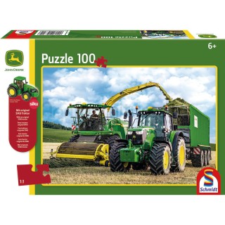 Puzzle John Deere 6195M et ensileuse 8500i + Original Siku Traktor, 100 pièces Schmidt