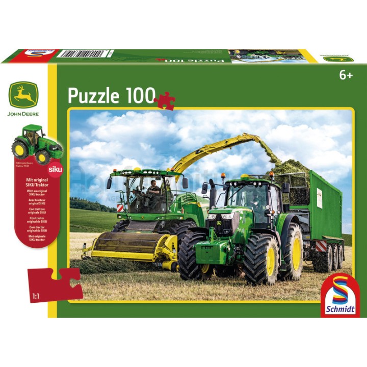 Puzzle John Deere 6195M et ensileuse 8500i + Original Siku Traktor, 100 pièces Schmidt