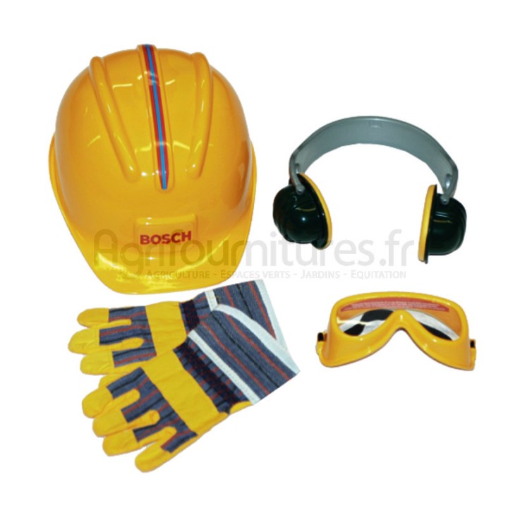Set d'accessoires, 4 pièces avec casque, gants, lunettes de protection et protection auditive Bosch Klein