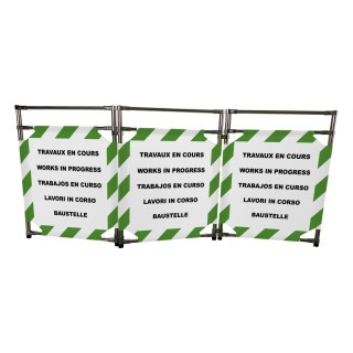 Barrière Travo Viso INOX - 3 vantaux - Logo TRAVAUX EN COURS - Vert-Blanc L 1700 x H 1000 mm