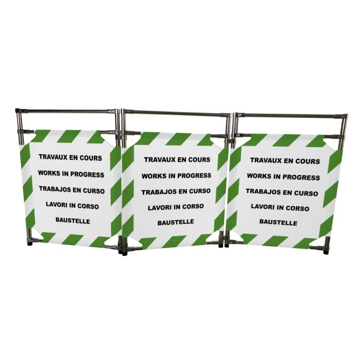 Barrière Travo Viso INOX - 3 vantaux - Logo TRAVAUX EN COURS - Vert-Blanc L 1700 x H 1000 mm