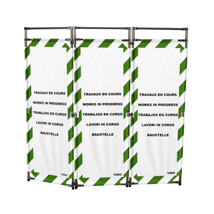 Barrière Travo Viso INOX - 3 vantaux - Logo TRAVAUX EN COURS - Blanc-Vert L 1700 x H 1800 mm