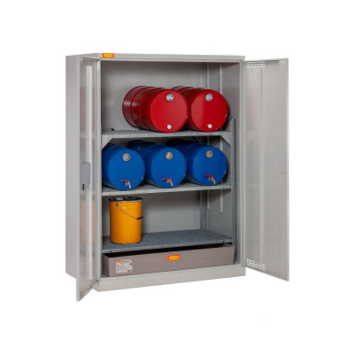 Armoire à fût 14/20, rayonnage 360 et bac de rétention PFV 150 L Cemo