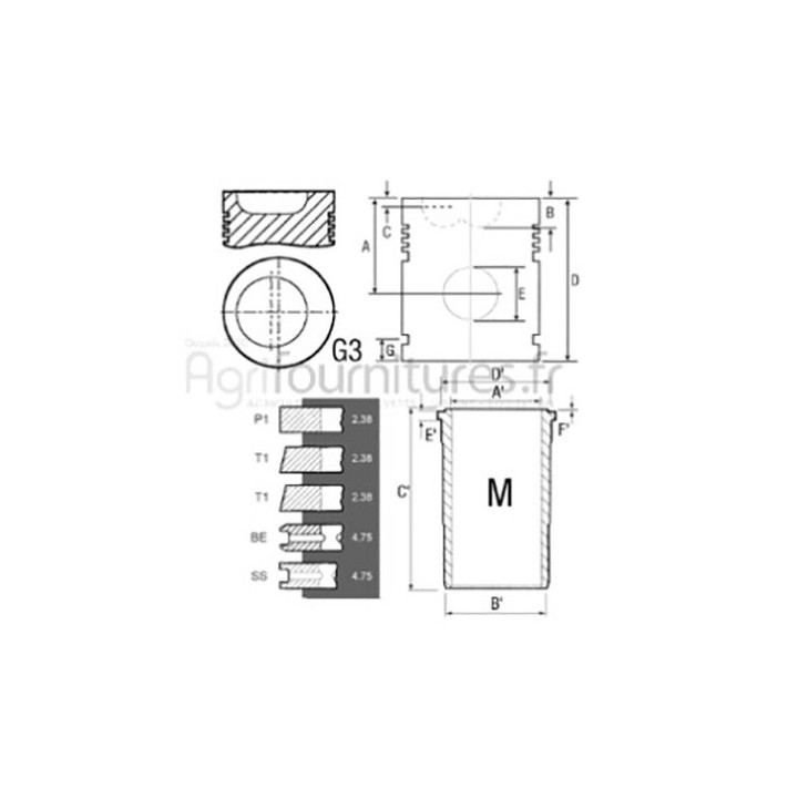 Ensemble chemise - piston Ø 87.312 mm Bepco 25/R148KS pour tracteur
