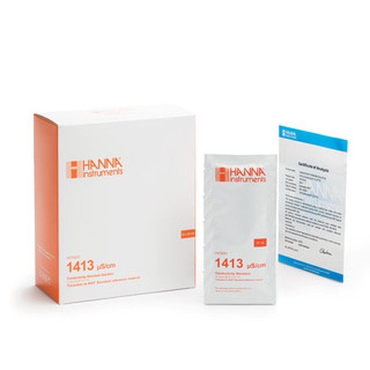 Solution d'étalonnage Hanna Instruments, conductivité à 1413 micro-seconde-cm, certificat d'analyse, 25 sachets 20 mL