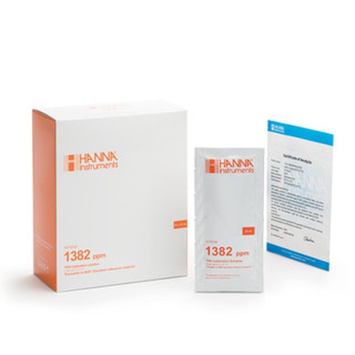 Solution d'étalonnage Hanna Instruments, TDS à 1382 mg-L, certificat d'analyse, 25 sachets de 20 mL