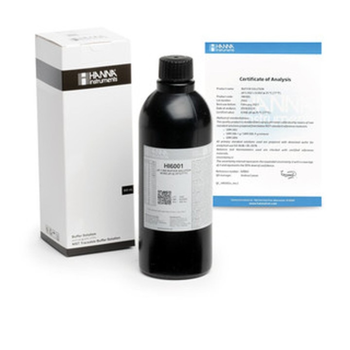 Solution tampon Hanna Instruments, pH 1,000, ±0,002 pH, certificat d'analyse, bouteille 500 ml