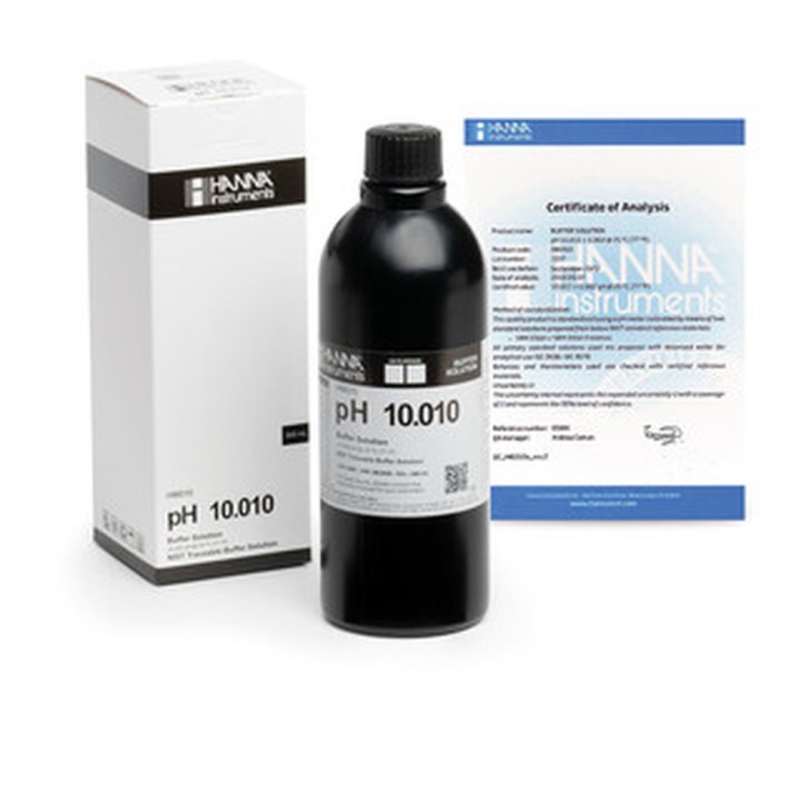 Solution tampon Hanna Instruments, pH 10,010, ±0,002 pH, certificat d'analyse, bouteille 500 mL