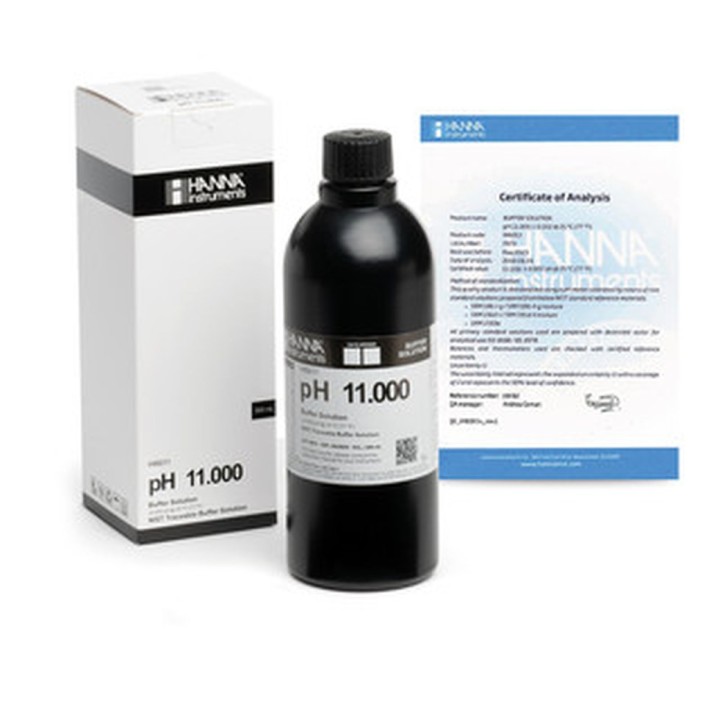 Solution tampon Hanna Instruments, pH 11,000, ±0,002 pH, certificat d'analyse, bouteille 500 mL