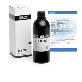 Solution tampon Hanna Instruments, pH 8,000, ±0,002 pH, certificat d'analyse, bouteille 500 mL