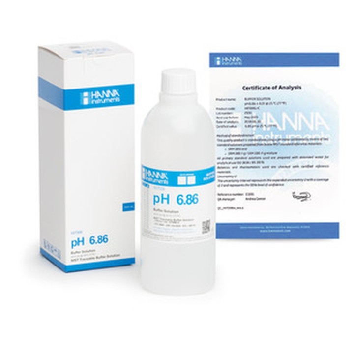 Solution tampon Hanna Instruments, pH 6,86, certificat d'analyse, bouteille 500 mL