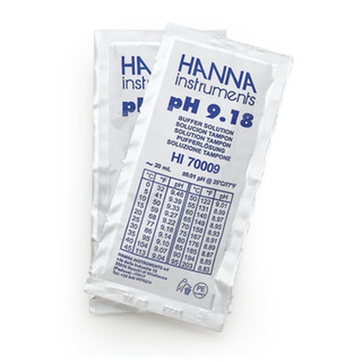 Solution tampon Hanna Instruments, pH 9,18, certificat d'analyse, 25 sachets 20 ML