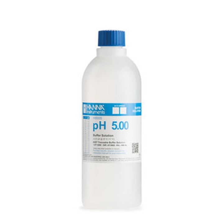 Solution tampon colorée Hanna Instruments, pH 5,00, ±0,01 pH, certificat d'analyse, bouteille 1 L