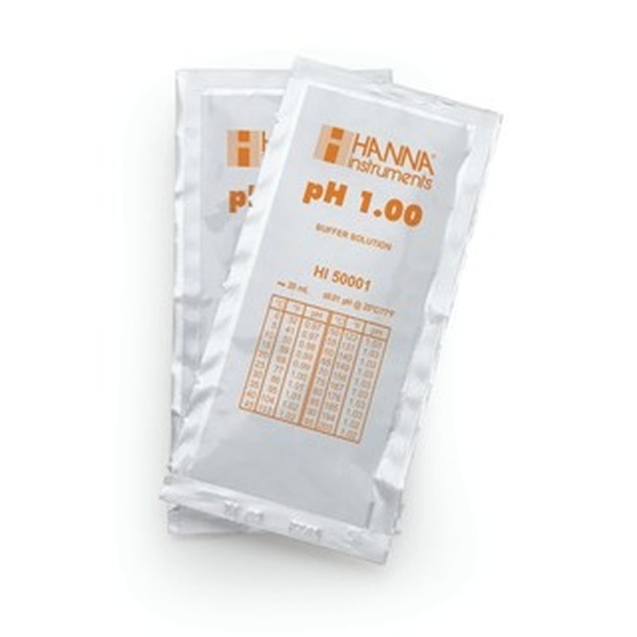 Solution tampon Hanna Instruments pH 1,00, ±0,01 pH, certificat d'analyse, 25 sachets 20 mL