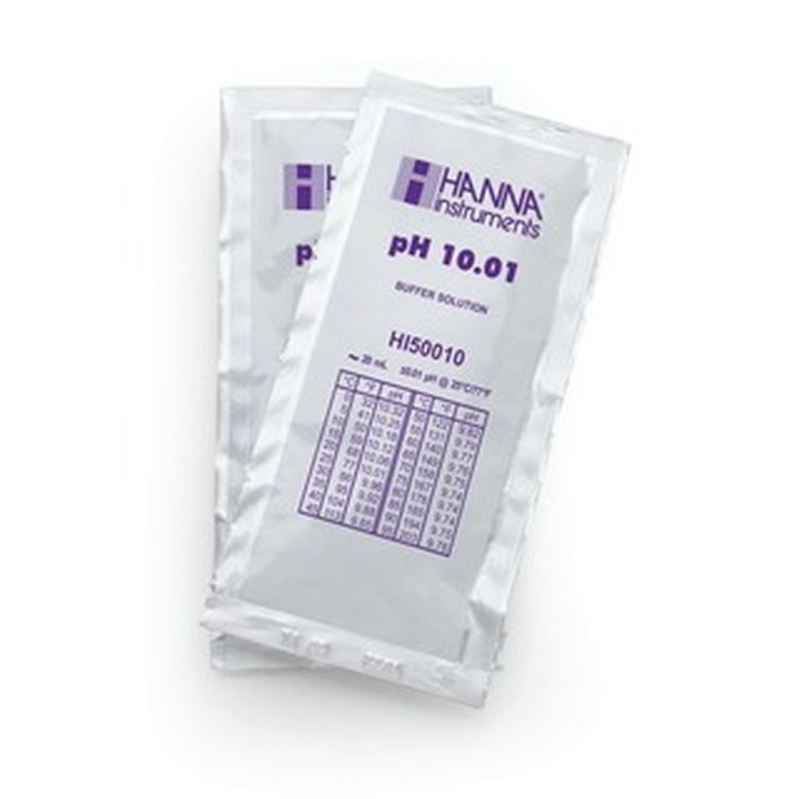 Solution tampon Hanna Instruments, pH 10,01, ±0,01 pH, certificat d'analyse, 25 sachets 20 ml