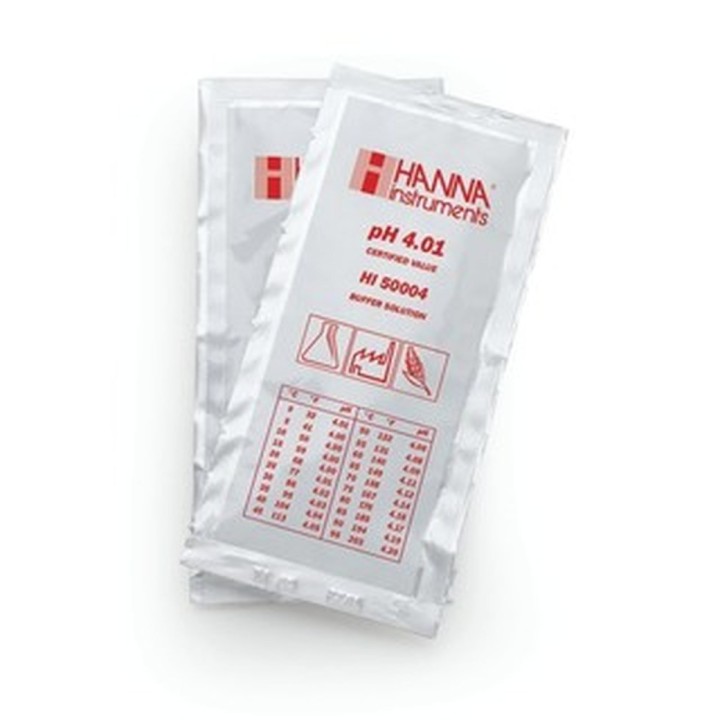 Solution tampon Hanna Instruments, pH 4,01, ±0,01 pH, certificat d'analyse, 25 sachets 20 mL
