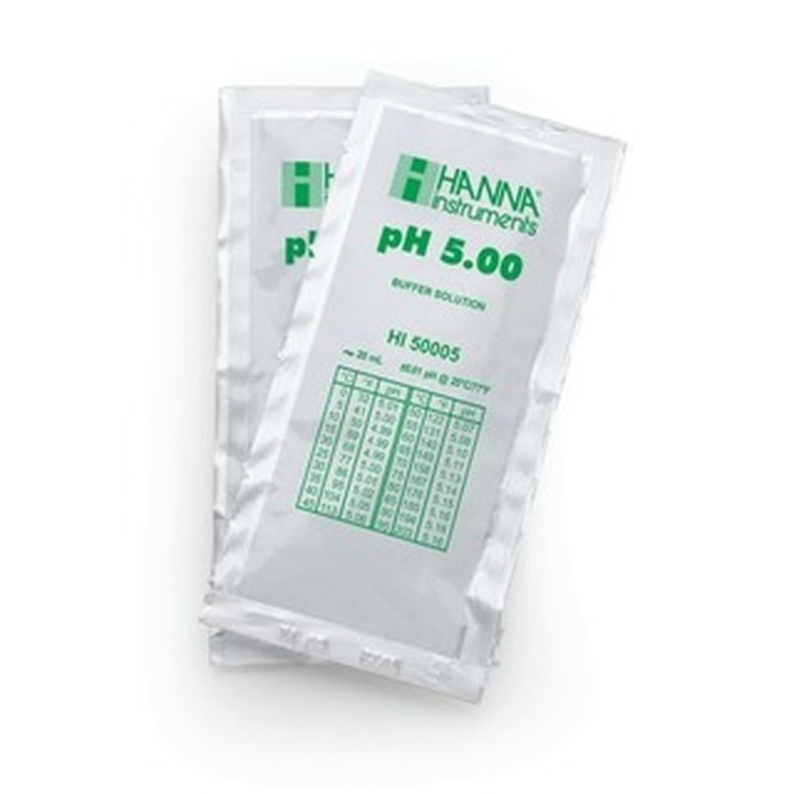 Solution tampon Hanna Instruments, pH 5,00, ±0,01 pH, certificat d'analyse, 25 sachets 20 mL