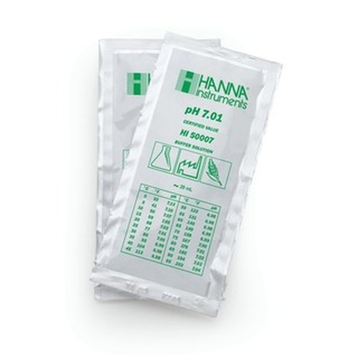 Solution tampon Hanna Instruments, pH 7,01, ±0,01 pH, certificat d'analyse, 25 sachets 20 mL