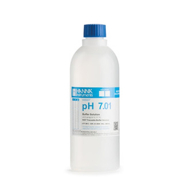Solution tampon Hanna Instruments, pH 7,01, ±0,01 pH, certificat d'analyse, bouteille 500 mL