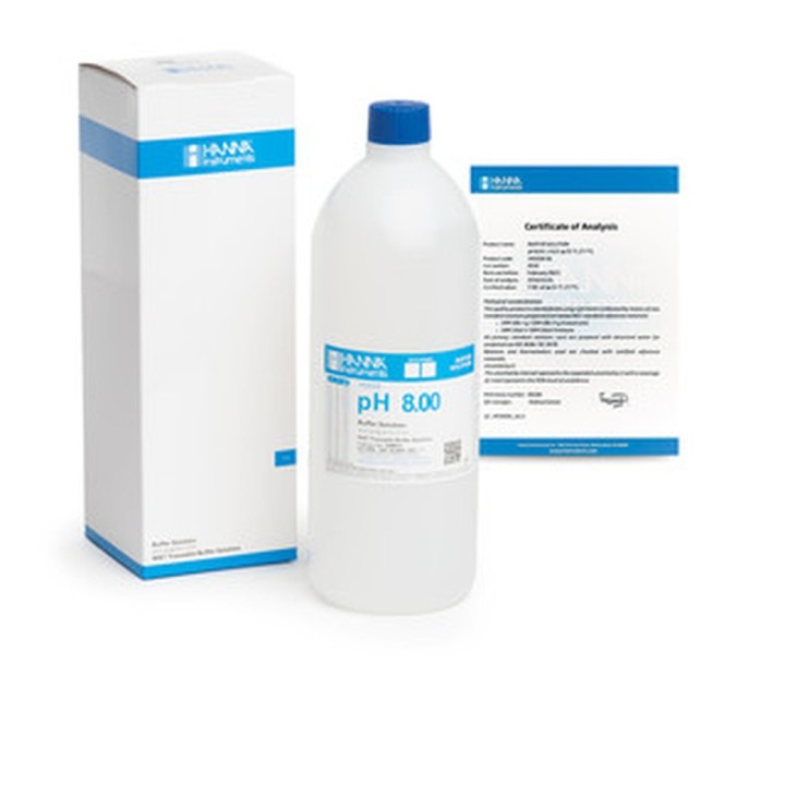 Solution tampon Hanna Instruments, pH 8,00, ±0,01 pH, certificat d'analyse, bouteille 1 L