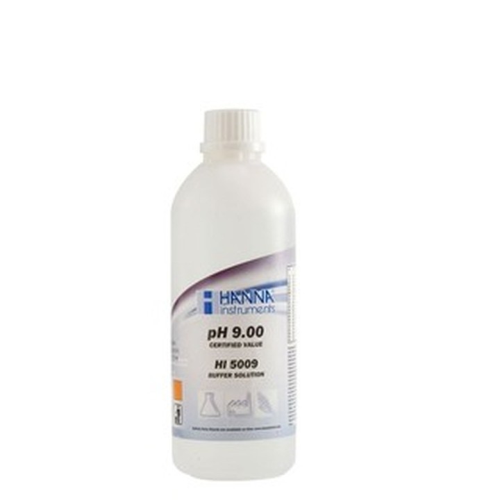 Solution tampon Hanna Instruments, pH 9,00, ±0,01 pH, certificat d'analyse, bouteille 500 mL