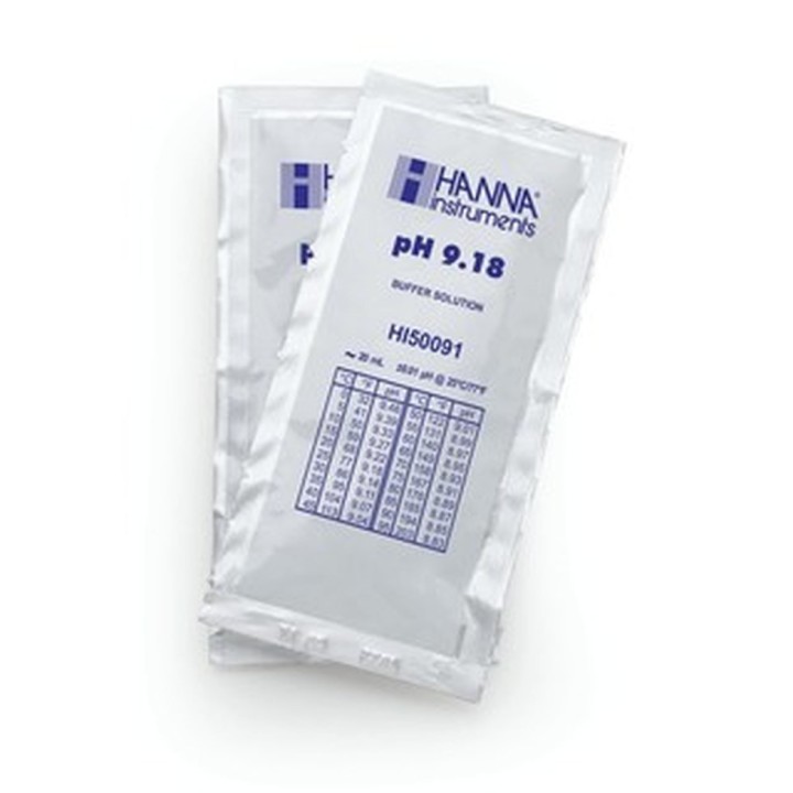Solution tampon Hanna Instruments, pH 9,18, ±0,01 pH, certificat d'analyse, 25 sachets 20 mL