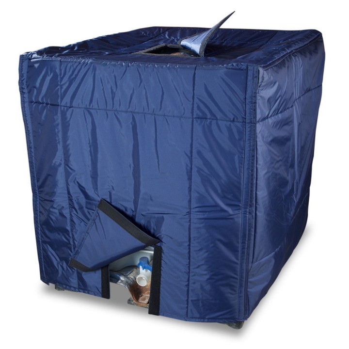 Couverture intégrale isolante Kuhlmann en nylon bleu, avec ouvertures pour cuve IBC 1000L