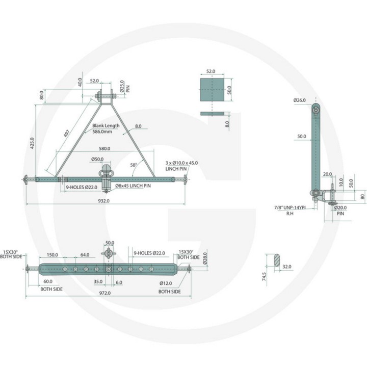 Attelage pour 3e point 85 CV dim. 28 x 812 x 25 mm