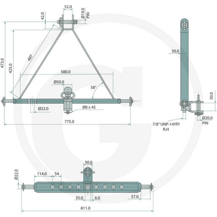 Attelage pour 3e point 45 CV dim. 22 x 661 x 19 mm
