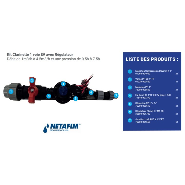 Kit Clarinette Netafim 1 voie EV avec régulateur - Droit ou en ligne