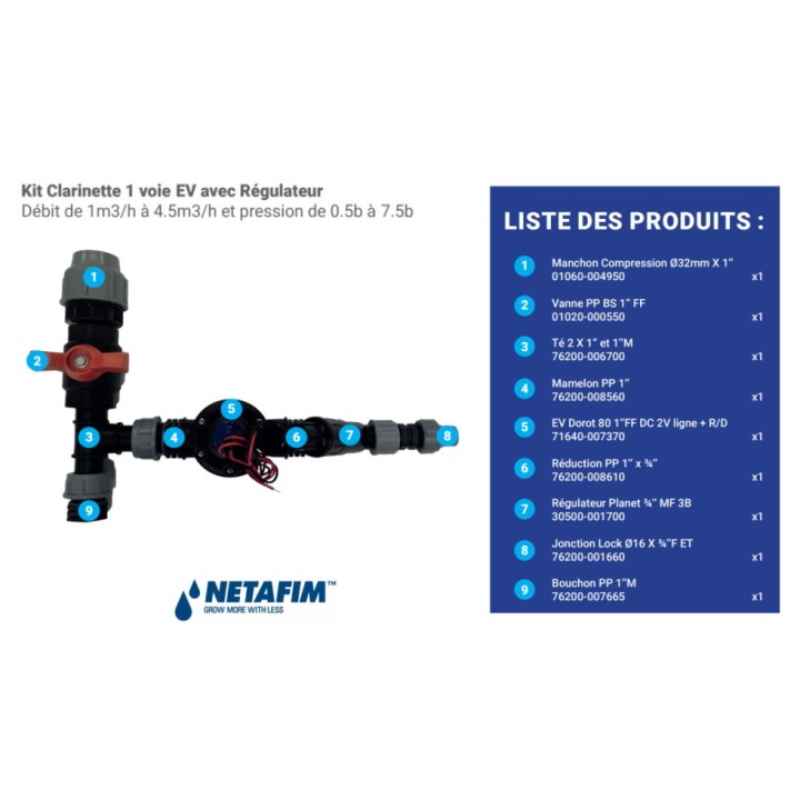 Kit Clarinette Netafim 1 voie EV avec régulateur - En T