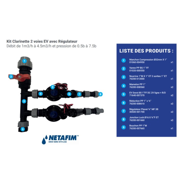 Kit Clarinette Netafim 2 voies EV avec régulateur