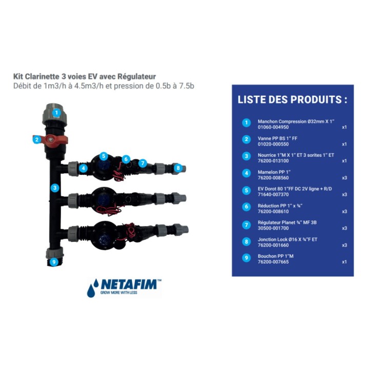 Kit Clarinette Netafim 3 voies EV avec régulateur