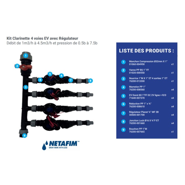 Kit Clarinette Netafim 4 voies EV avec régulateur