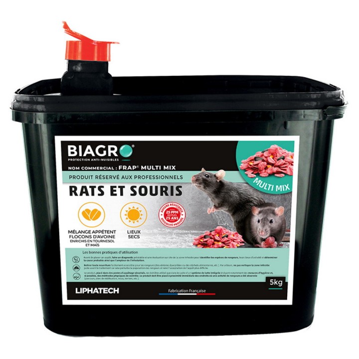 Raticide Professionnel BIAGRO Céréales Multi Mix très appétent, seau 5 kg